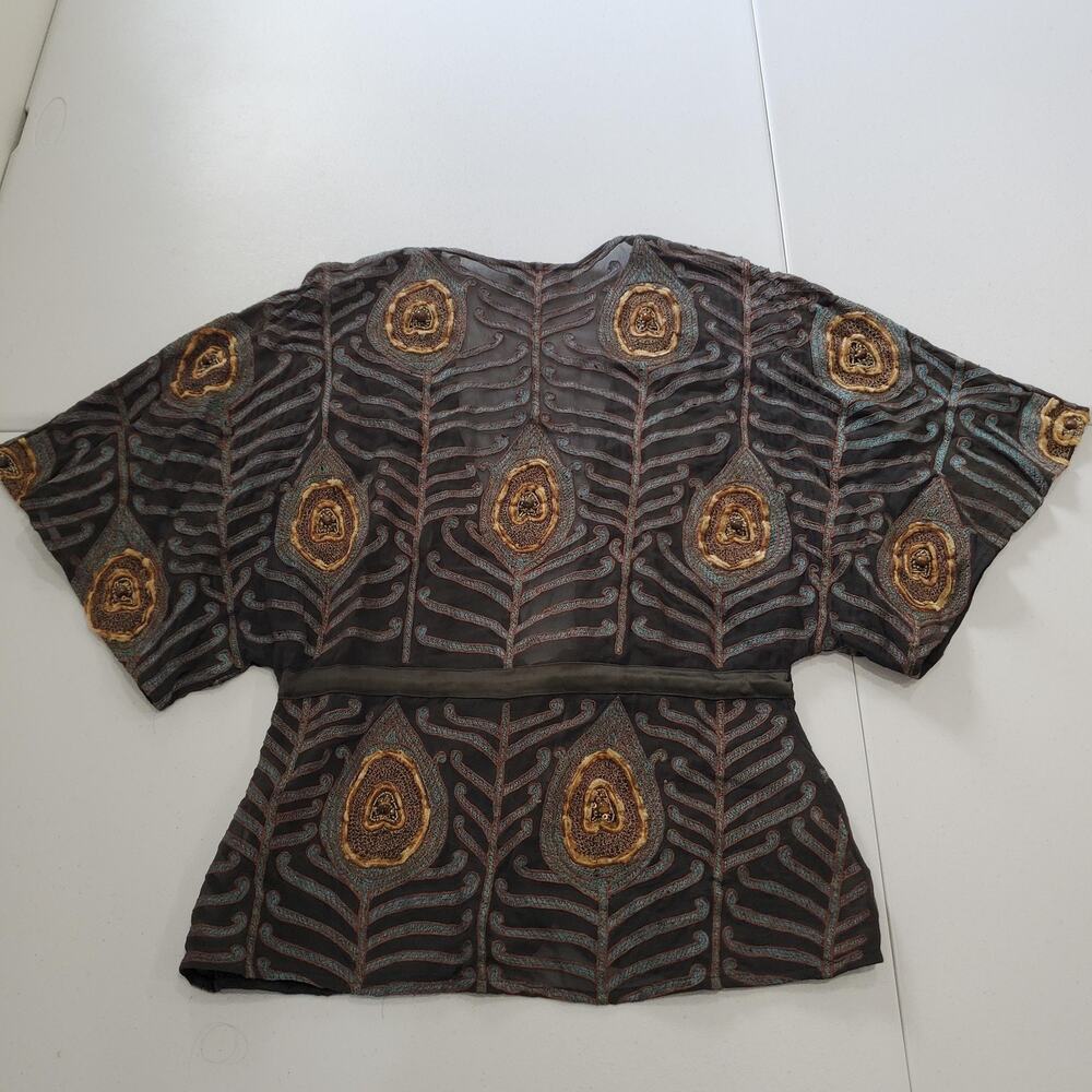 Elegant Black and Gold Beaded Women's Jacket with Peacock Feather Pattern - Picture 2 of 10